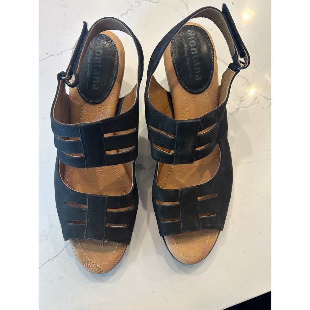 Montana Sandals Black Leather Caged Cutout Slingback Block Heel Shoes